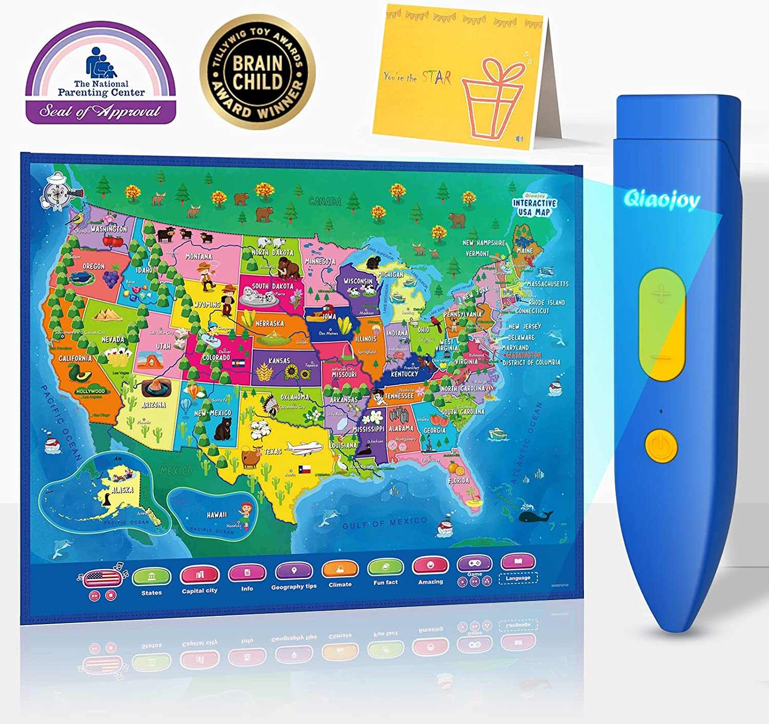 Early Education Learning Toy Interactive USA Map For Kids, Recordable Birthday Card Educational Geography Map, Personalized Kids Gift for Ages 3-12 Featured Image