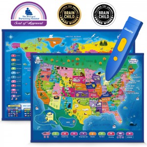 Uusi opetuslelusarja, maantiedekarttasarja, joka sisältää maailmankartan ja USA-kartan, paras joululahja kaikenikäisille lapsille